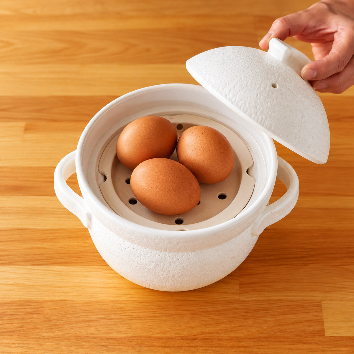 KAGETSU INAHO white donabe steamer holding three eggs while the lid is lifted.
