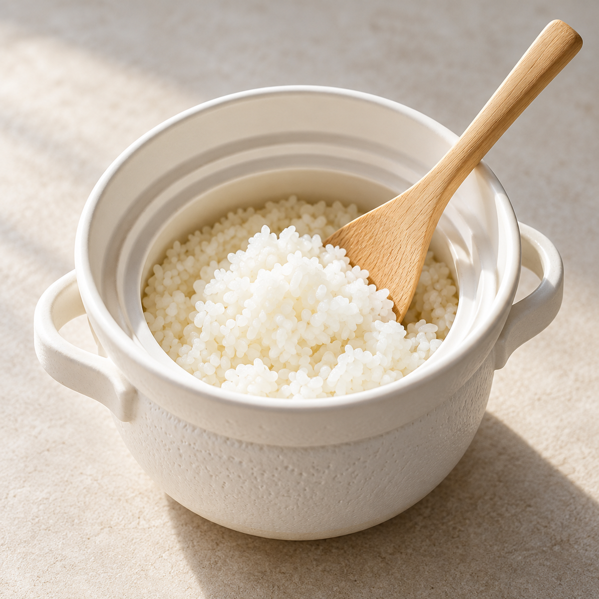 Freshly cooked white rice in the INAHO SHIRO ceramic rice pot with a wooden rice paddle.