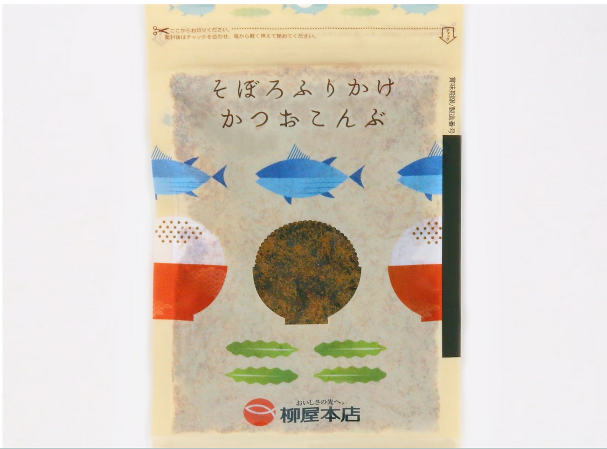 Yanagiya Honten Soboro Furikake Katsuo Konbu 70g pouch, front packaging with blue fish motifs