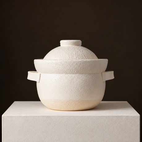 KAGETSU INAHO SHIRO white ceramic 2-go rice cooker and steamer set, shown with lid against a dark backdrop.